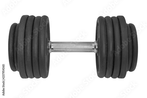 huge black metal gym dumbbell with chrome silver handle isolated on white background