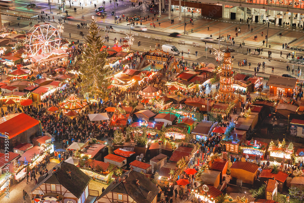 Fototapeta premium Dresden Christmas market, view from above, Germany, Europe. Christmas markets is traditional European Winter Vacation activities in December.