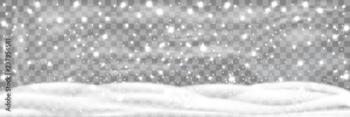 Snowfall and little snow with snow drifts isolated on transparent background. Heavy snowfall, snowflakes in different shapes and forms. Sky clouds and snow winter. Frosty close-up wintry snowflakes