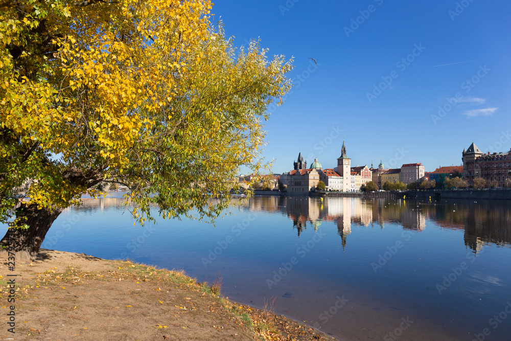 Colorful autumn Prague Old Town above River Vltava, Czech Republic