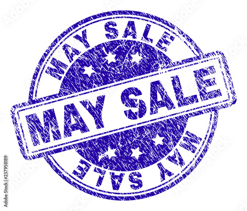 MAY SALE stamp seal watermark with distress texture. Designed with rounded rectangles and circles. Blue vector rubber print of MAY SALE text with grunge texture.