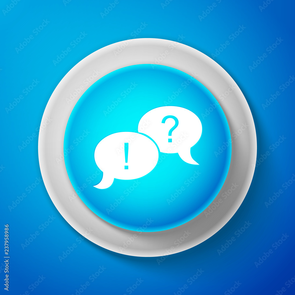 White Speech bubbles with Question and Exclamation marks icon isolated on blue background. Circle blue button with white line. Vector illustration White Speech bubbles with Question and Exclamation marks icon isolated on blue background. Circle blue button with white line. Vector illustration