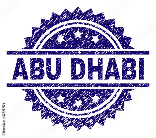 ABU DHABI stamp seal watermark with distress style. Blue vector rubber print of ABU DHABI caption with corroded texture.