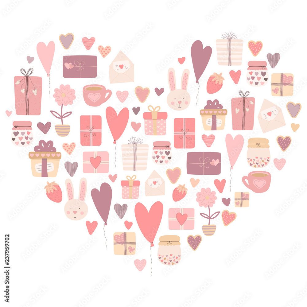 Vector image of a heart made from hand-drawn objects. Illustration in pink colors for Valentine's Day, lovers, prints, clothes, textiles, banner, cards, flyers, holidays. Vector image of a heart made from hand-drawn objects. Illustration in pink colors for Valentine's Day, lovers, prints, clothes, textiles, banner, cards, flyers, holidays.