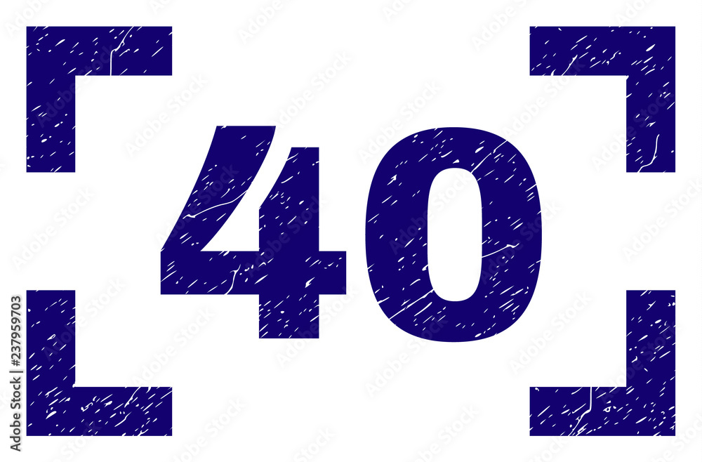 40 text seal watermark with distress texture. Text tag is placed inside corners. Blue vector rubber print of 40 with retro texture.
