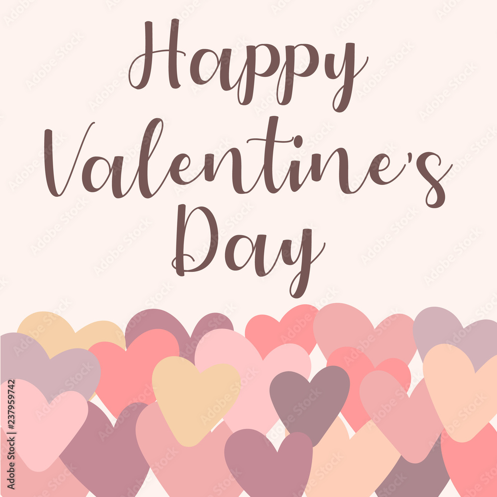Vector image of love lettering on a background of pink, lilac and beige hearts. Illustration for Valentine's Day, lovers, prints, clothes, textiles, cards, banners, flyers, holidays.