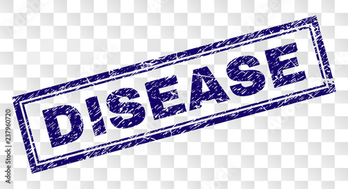 DISEASE stamp seal imprint with rubber print style and double framed rectangle shape. Stamp is placed on a transparent background. Blue vector rubber print of DISEASE label with scratched texture.