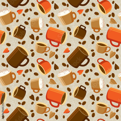 Cups of coffee or tea  coffee beans  hearts on a light background. Bright coffee background. seamless texture. Vector illustration. Eps 10.