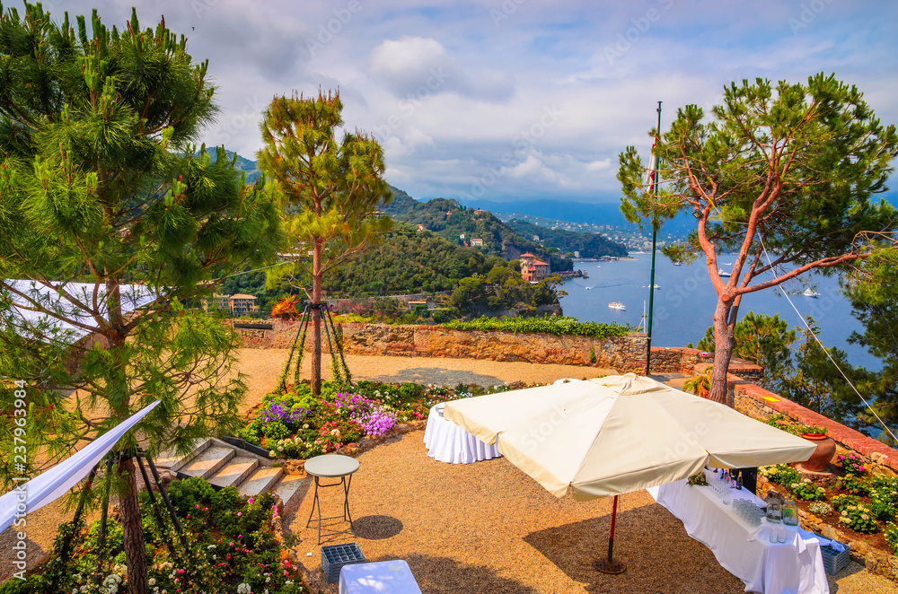 Restaurant tables in the yard in Portofino,  Liguria, Italy