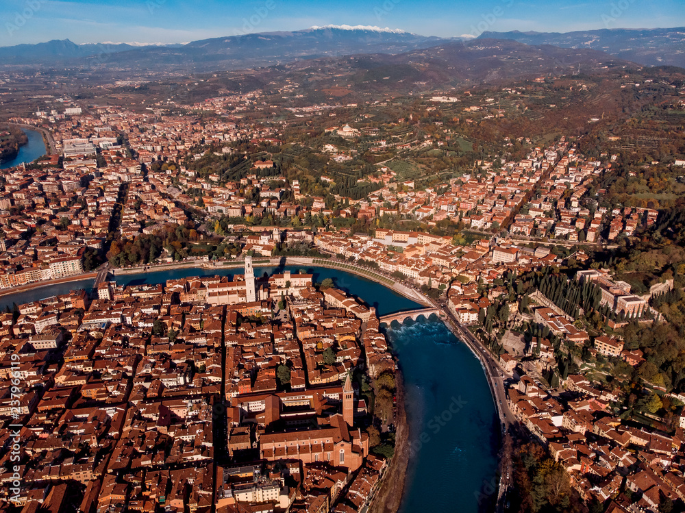 Aerial view Cityscape of Verona city and Arena, Italy drone.