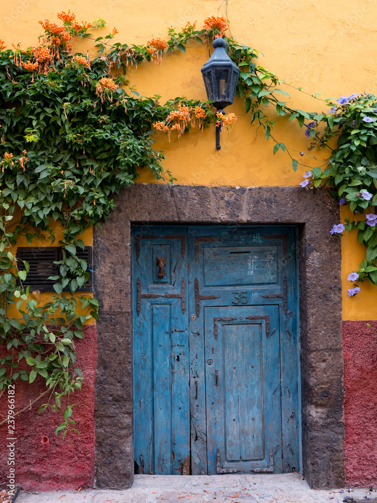 Fototapeta premium Rustic wooden doors on colorful buildings in San Miguel de Allende, Mexico