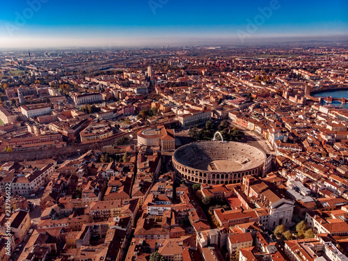 Aerial view Cityscape of Verona city and Arena, Italy drone.