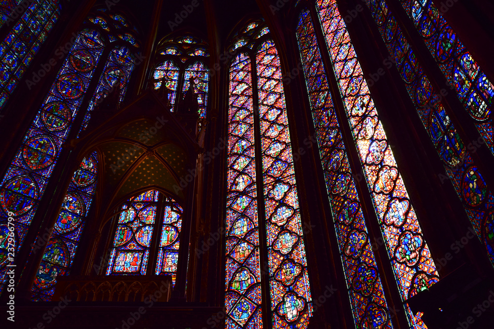 Interior and stained glass windows of the magnificent gothic chapel of Sainte Chappelle in Paris