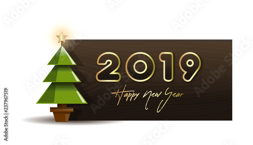 Wooden banner with Christmas tree for New Year 2019. Vector illustration