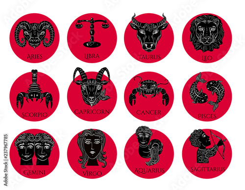 Love horoscope for Valentine's Day. Set of all zodiac symbols. Vector illustration hand drawing. Black and white on red