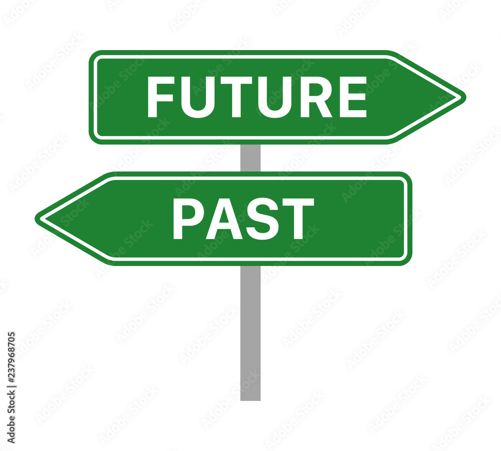 Green traffic sign concept with arrows pointing to the future and past flat vector icon for apps and websites Green traffic sign concept with arrows pointing to the future and past flat vector icon for apps and websites