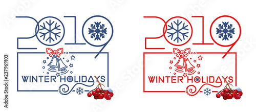 Vector logo design set for winter holidays 2019. Christmas logo design with rowan branch and holiday bells in blue frame on white background. Vector illustration