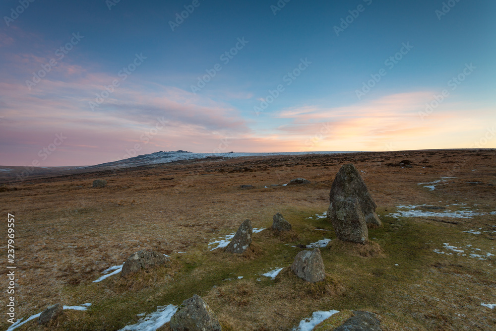 Merrivale ancient stone rows at sunrise, Dartmoor, UK