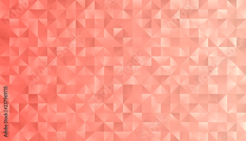 Coral Pink Geometric Triangle Pattern Vector Background. Rose Gold Shimmering Metallic Gradient Faceted Low Poly Print. 2019 Color of the Year.