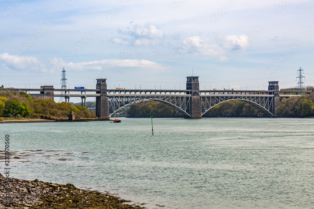 Fototapeta premium Trucks crossing Britannia Bridge
