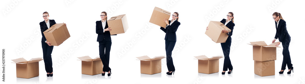 Woman businesswoman with boxes on white Woman businesswoman with boxes on white