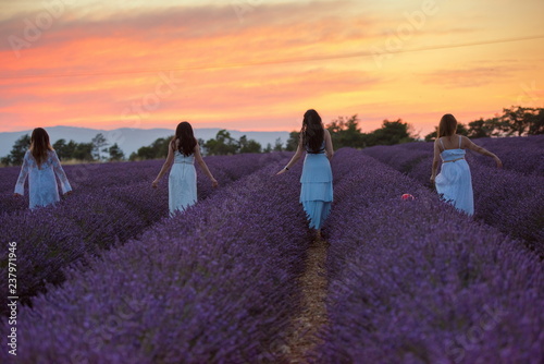 group of famales have fun in lavender flower field © .shock