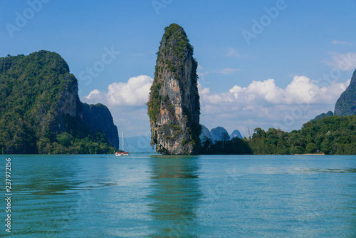 Tropical sea, sky & mountain in summer in Thailand, Phang Nga bay national park for vacation, summer, holiday concept