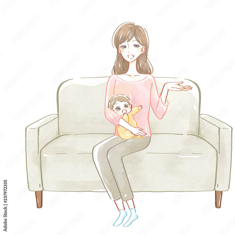 ソファーに座る親子 水彩イラスト Stock Illustration Adobe Stock