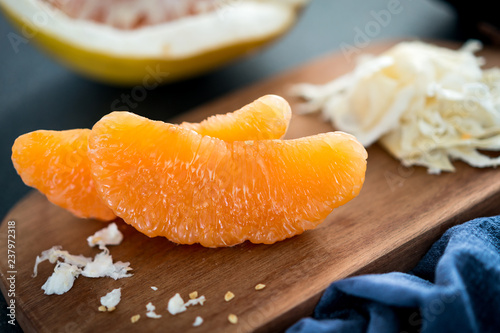 Honey pomelo pulp on the chopping board