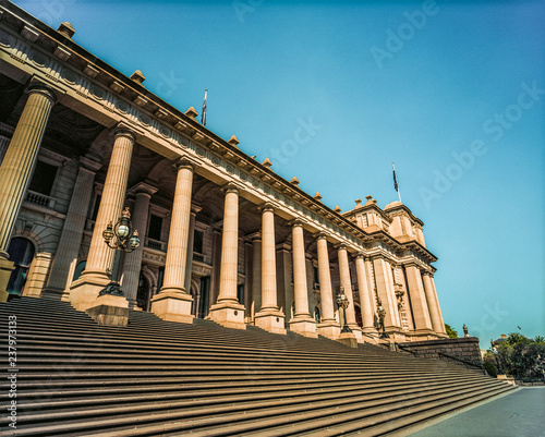 The steps and facade of Parliament House, Spring Street, Melbourne, Victoria, Australia.