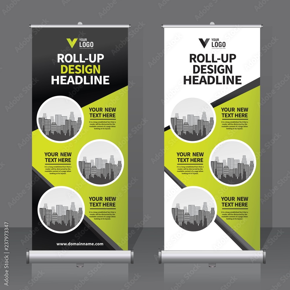Roll up banner design template, vertical, abstract background, pull up design, modern x-banner, rectangle size. 