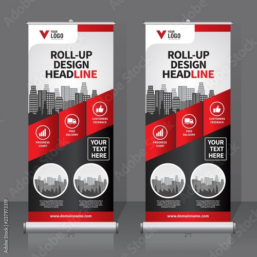 Roll up banner design template, vertical, abstract background, pull up design, modern x-banner, rectangle size. 