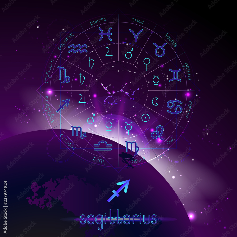 Vector illustration of sign and constellation SAGITTARIUS and Horoscope circle with astrology pictograms against the space background.