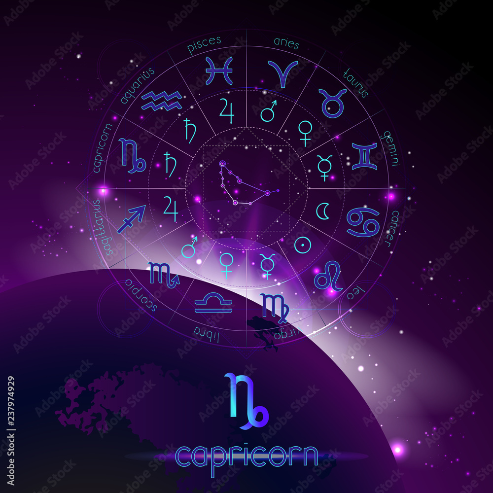 Vector illustration of sign and constellation CAPRICORN and Horoscope circle with astrology pictograms against the space background.