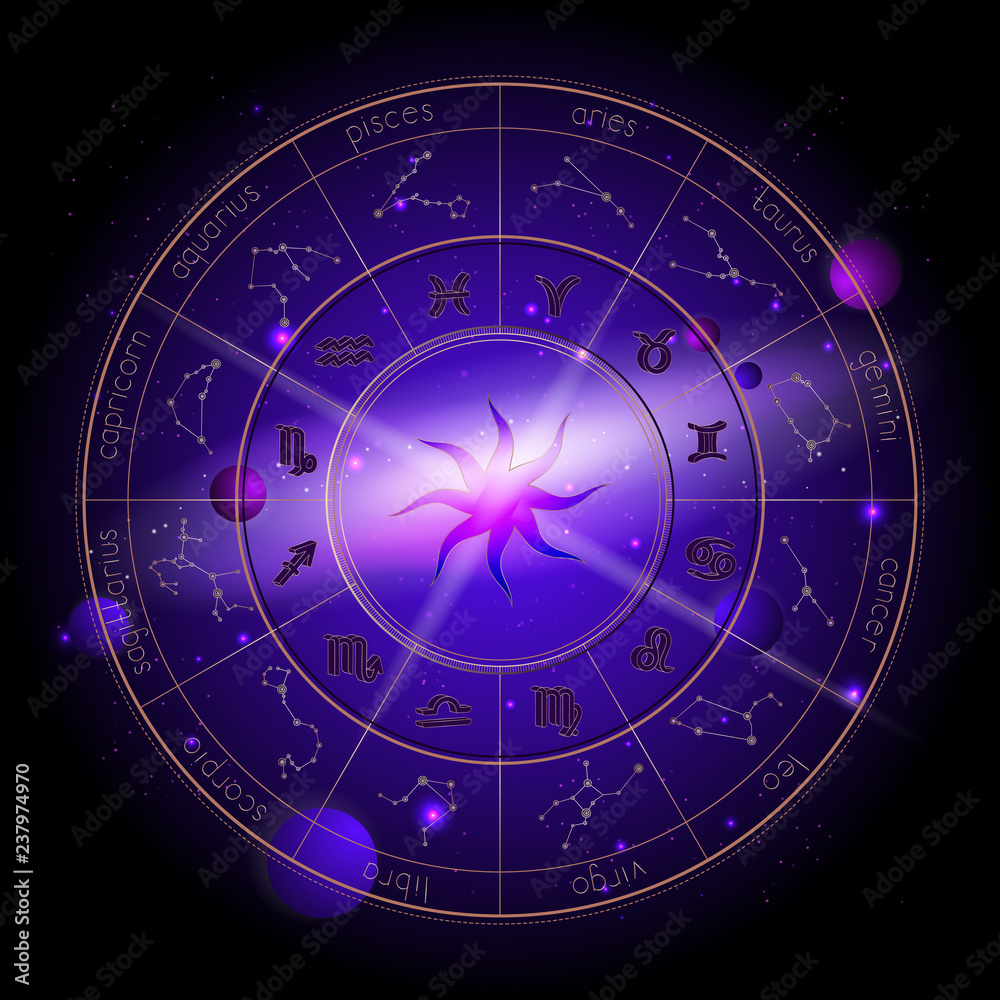 Obraz premium Vector illustration of Horoscope circle, Zodiac signs and pictograms astrology planets against the space background.