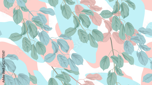 Botanical seamless pattern, green, blue and pink leaves with abstract shapes on white background