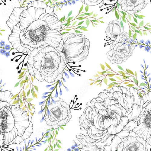 seamless watercolor background mix colorful floral flower and leaves with line art used for background texture, wrapping paper, textile or wallpaper design