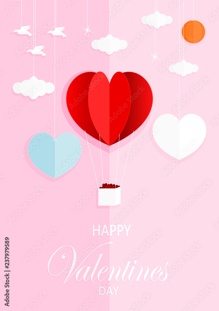 Paper art style vector illustration graphic design sweet valentines card on pink background.