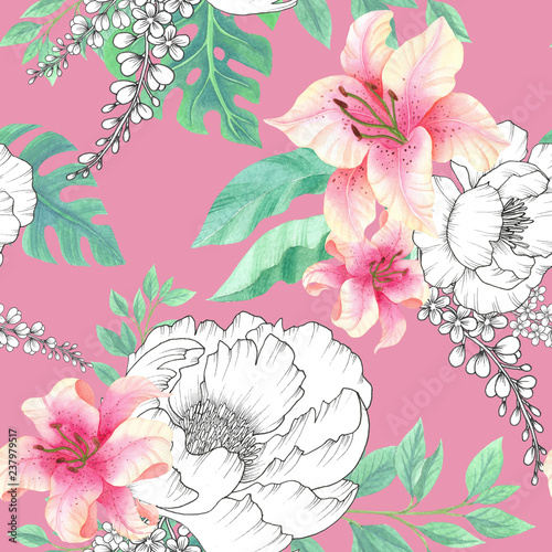 seamless watercolor background mix colorful floral flower and leaves with line art used for background texture, wrapping paper, textile or wallpaper design