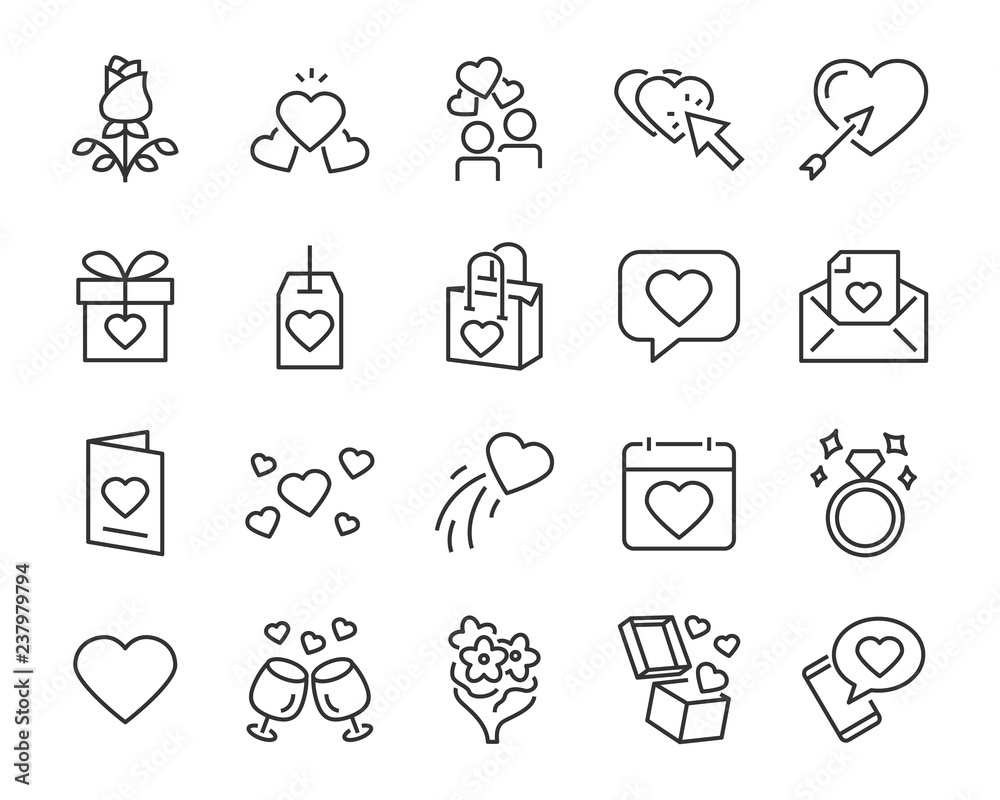 set of valentine's day icons, such as celebration, happy, romantic, heart, love