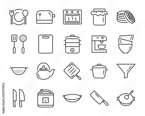 set of cooking icons, such as plate, kitchenware, spoon, oven, microwave, pot