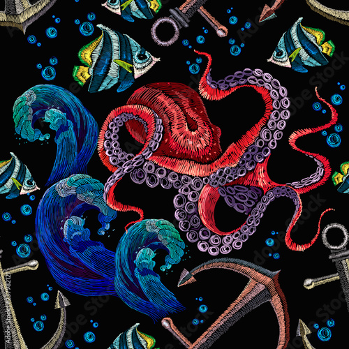 Embroidery red octopus, sea wave, tropical fishes and anchor seamless pattern. Fashionable clothes, t-shirt design seamless fashion background