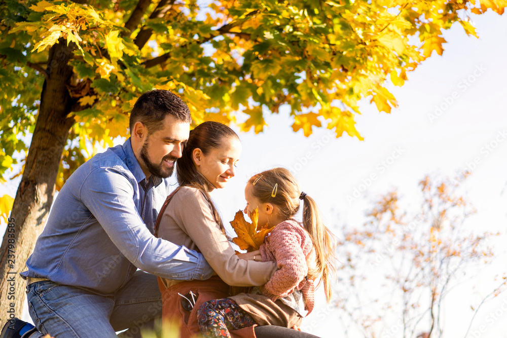 family walking in autumn park at sunset family walking in autumn park at sunset