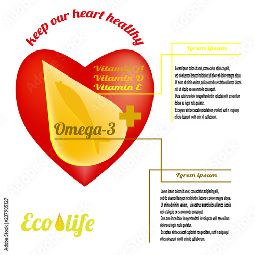 Template for advertising fish oil from ecologically clean sea waters, Omega-3 and vitamins A, D, E. Text - keep our heart healthy. Vector illustration on white background.