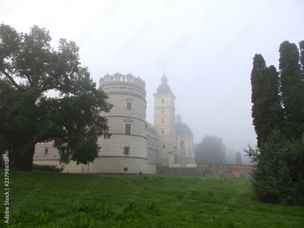 Beautiful Krasiczyn Castle in the fog, Poland