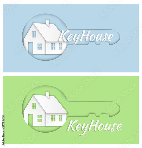 Vector logo design element on blue green background. Real estate, key, house, home