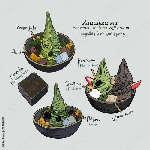 Set of Matcha soft-cream anmitsu, hand draw vector.