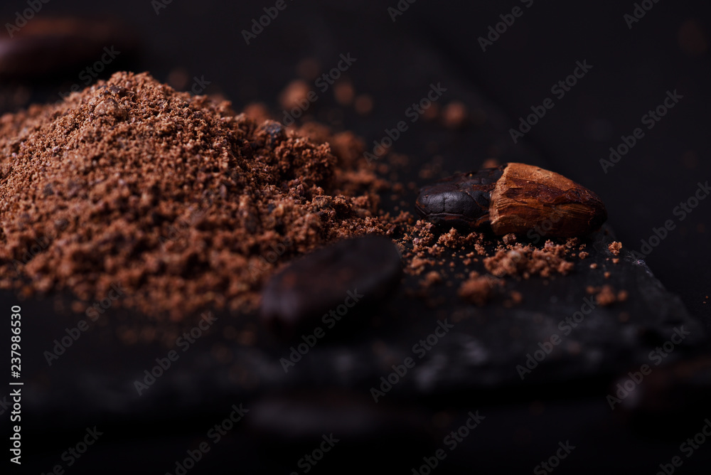 Cocoa beans and cacao powder on dark background Cocoa beans and cacao powder on dark background