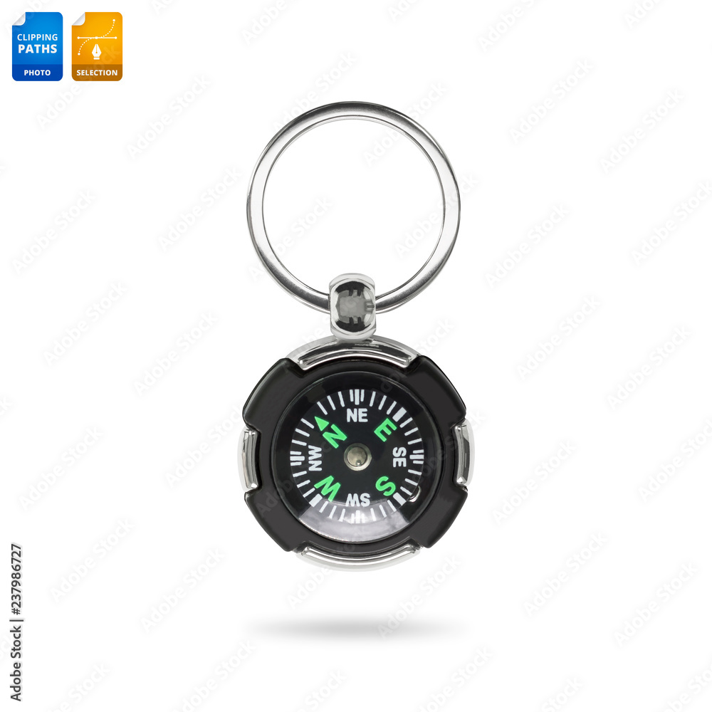 Modern compass in key chain concept isolated on white background. Metal key ring for tourism. Clipping paths object. Modern compass in key chain concept isolated on white background. Metal key ring for tourism. Clipping paths object.