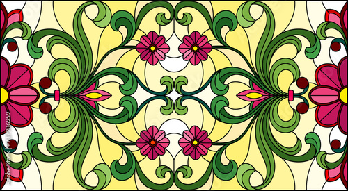 Illustration in stained glass style with abstract  swirls, pink flowers and leaves  on a yellow  background,horizontal orientation
